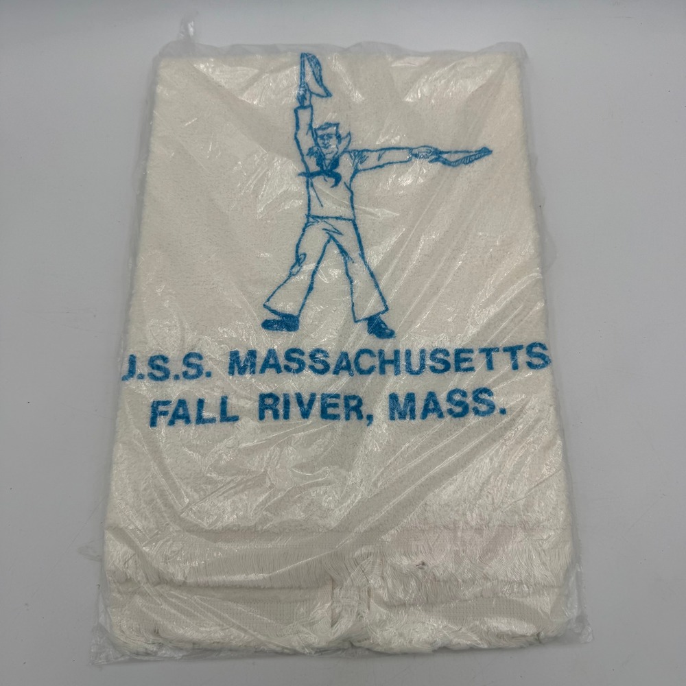 Vintage USS Massachusetts Souvenir Towel Fall River Mass Sailor Ahoy White Blue